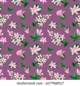 Pink tuberose on violet backdrop. Petal flower seamless pattern for wallpaper, wrap paper, sleepwear, bath tile or bed linen. Phone case or cloth print art. Minimal style stock vector illustration