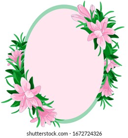 Pink tuberose wreath with copy space on white isolated backdrop. Oval frame for marriage or gift card, scrapbooking, bath tile. Invitation or postcard print. Vintage style stock vector illustration