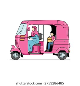A pink tuk tuk with two people inside