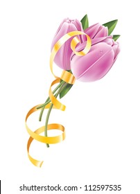 pink tulip  bouquet with  vaulted ribbon isolated on white