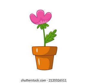 Pink tulip in a clay pot. Vector illustration in cartoon childish style with outline. Isolated funny clipart on white background. Cute summer print