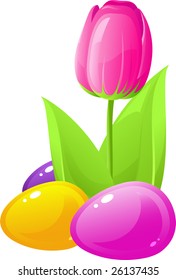 Pink tulip and colored eggs. Vector