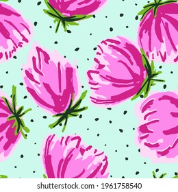 Pink Tulip Drawn Vector Seamless Pattern. Rose Light Background. Red and Blue Spring Marker Wallpaper. Flower Decorative Template.