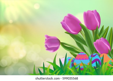 Pink tulip and Easter eggs hiding on grass with green bokeh and sun rays background.Template for Easter season greeting card, banner and poster in vector illustration to celebrate the festival.