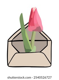 Uma tulipa rosa está emergindo de um envelope, representando uma mensagem sincera na primavera