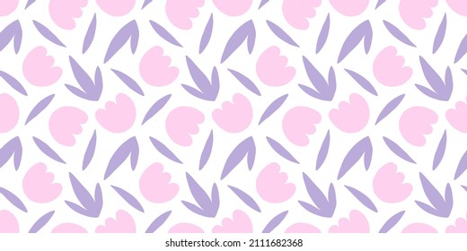 Pink tulip floral pattern hand drawn with leaves