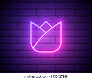 Pink tulip flower neon sign. Bright light spring blooming flower illustration. Vector illustration in neon style isolated on brick wall background