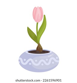 Pink tulip in a flower pot.Cartoon vector graphic.