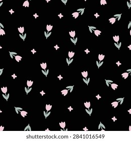 Pink tulip flower seamless pattern on black background. Hand drawn small pastel pink tulips with sage green leaves and tiny pink sparkle stars scatter repeat pattern.