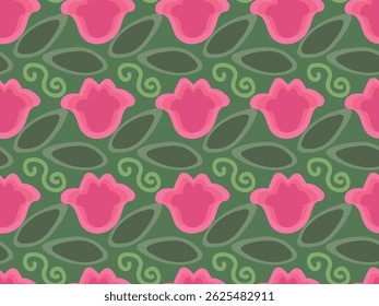 Pink tulip flowers. Green leaves. Garden. Floral, nature. Seamless vector pattern for design and decoration. 
