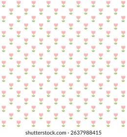 Pink tulip flowers and green leaves on white background.Sweet wallpaper.Surface for textile.Decoration ornament for fabric or cloth.Geometric.Cute wrapping paper.Summer or spring.Vector illustration.