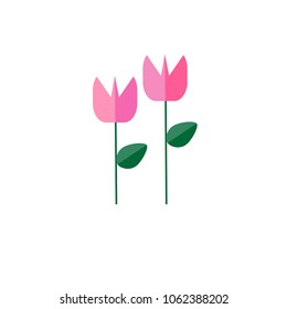 Pink tulip flowers with leaf flat vector icon isolated on a white background.