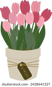 pink tulip flowers plant in pot with love element clipart hand drawn vector illustration for decorate invitation greeting birthday party celebration wedding card poster banner background