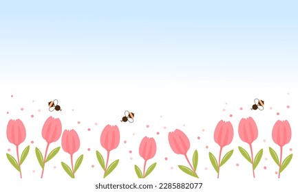 Pink tulip garden and bee cartoons on blue sky background vector illustration.