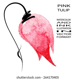 Pink tulip - handmade illustration in japan style. Vector format.
