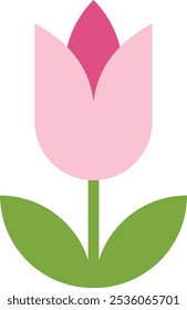 Pink tulip illustration with darker pink center, green leaves, and stem in a stylized design