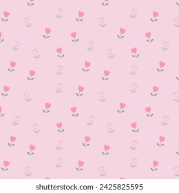 Pink tulip isolated on pink background. Hand drawn tulip floral seamless pattern vector illustration.