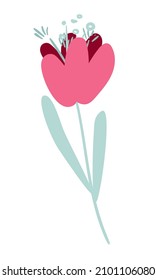 Pink tulip in naive style with blue stem and leaves. Clipart. Isolated element of decor on a white background. Vector illustration.	