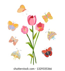 Pink tulip on white background with butterflies. Spring floral background. Vector illustration. 