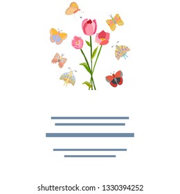 Pink tulip on white background with butterflies. Spring floral background. Vector illustration with text frame on white background.