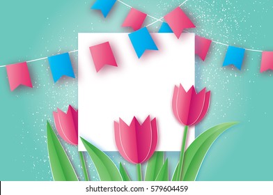 Pink Tulip - paper cut flower. 8 March Women's Day Greeting card. Origami Floral bouquet. Square Frame, flags and space for text. Happy Women's Day on blue background. Vector spring illustration