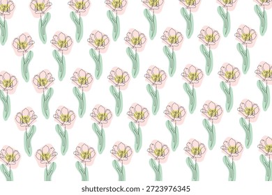 Padrão de tulipa rosa com folhas verdes e acentos de pastel