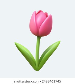 Pink tulip in plasticine cartoon style. Spring decoration. Realistic vector illustration