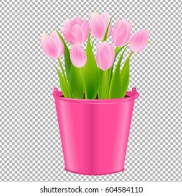 Pink Tulip In Pot With Gradient Mesh, Vector Illustration