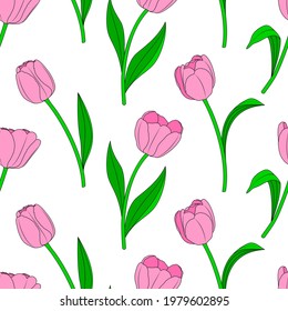 Patrón transparente de tulipán rosado, ilustración vectorial. Textura sin fin para diseño de Semana Santa y primavera, tarjeta de saludo, telas, afiche.