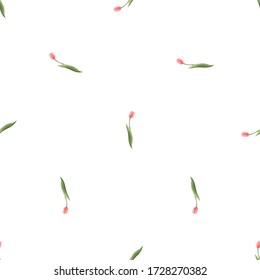 Pink tulip seamless pattern. Floral background print with blossom vector flowers. Simple digital watercolor drawing. Repeatable abstract illustration.