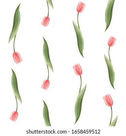 Pink tulip seamless pattern vector background. Floral print with blossom flowers. Simple digital watercolor drawing. Repeatable abstract illustration. Vintage graphic design.