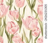 Pink tulip watercolor flower seamless vector floral summer seamless pattern with watercolor hand drawn of watercolor textured abstract art textile.