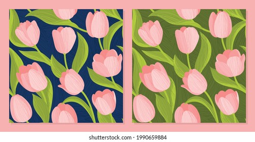 Pink Tulips in abstract background - set of Seamless patterns. Spring flowers on a  blue and green background. Vector background for fabric, textile, wallpaper, posters, gift wrapping paper.