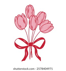 Pink tulips arranged in a bouquet with a red ribbon, perfect for gifting on special occasions