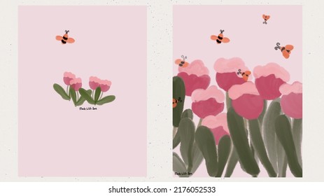 rosafarbene Tulpen und Bienen auf rosafarbenem Hintergrund, Aquarellfarben Set Für Tapeten, Hintergrund, Posts in sozialen Netzwerken, Cover-Design, Tapeten-Dekoration, Innendekoration, Notebook-Titelgedanke