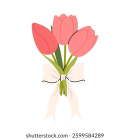 Pink tulips. Bouquet tulips tied with an elegant bow. Flat illustration spring flowers for cards, invitations, greetings, prints.