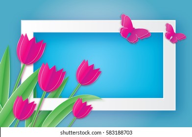 Pink Tulips and Butterfly. Paper cut flower. 8 March. Women's Day.