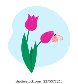 Tulipanes rosados con ilustración vectorial de mariposa. Hermosas flores de fondo blanco. Buquet de primavera, idea de diseño de tarjetas de felicitación. Primavera, naturaleza, renacimiento, libertad, concepto del Día de la Mujer