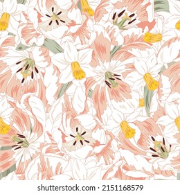 Pink tulips and daffodils, pattern of spring flowers, seamless vector background