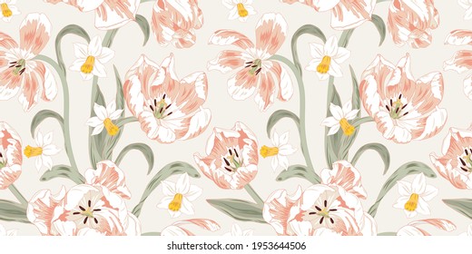 Pink tulips and daffodils, spring flowers, seamless vector background