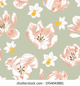 Pink tulips and daffodils, spring flowers, seamless vector background