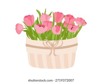 Tulipanes rosados en una delicada caja de regalo. Ilustración vectorial plana aislada sobre fondo blanco. Elegante arreglo floral para celebraciones de primavera, Día de la Madre, citas, Día de San Valentín. 