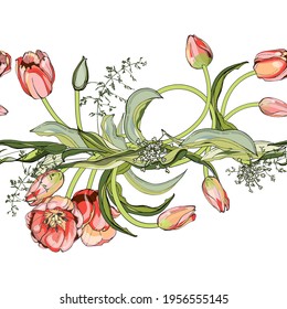 Rosa Tulpen für Ostern, 8. März, Hochzeit.Ein Ornament von grünen Blüten. Blumennahtlose Grenze.Love.Für die Verzierung von Postkarten, Stoff und Tapeten. Klassische Zeichnung.Ein naturalistisches Bild einzeln