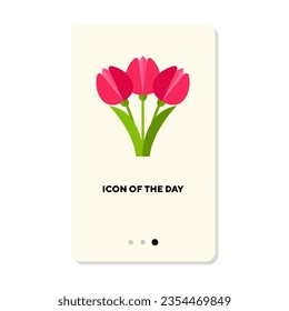 Pink tulips flat icon. Bunch of pink flowers, blossom, leaf isolated sign. Woman day, spring, blooming concept. Vector illustration symbol elements for web design