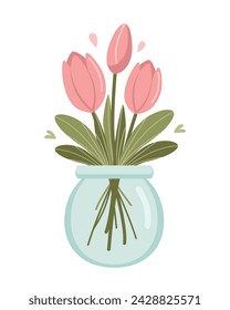 Pink tulips in a glass vase isolated on white background. Spring bouquet. Vector illustration. Flat cute style.