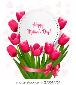 Pink tulips with Happy Mother's Day gift card. Vector.