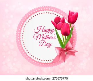 Pink tulips with Happy Mother's Day gift card. Vector.