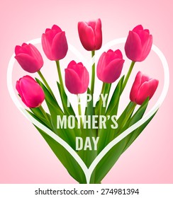 Pink tulips with Happy Mother's Day gift card. Vector.