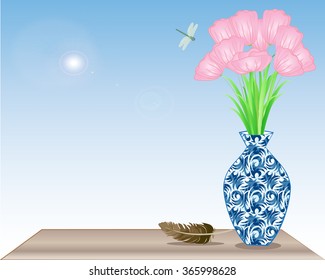 pink tulips in jar against blue sky