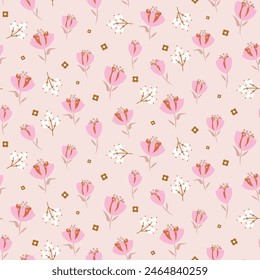Pink tulips millefleur meadow tender pastel background color flowers tiny seamless pattern. Floral fabric design